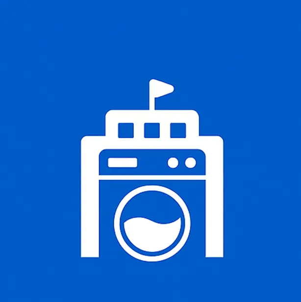 Clean, white hotel building icon representing hospitality laundry service by Prime Wash for hotels and guesthouses.